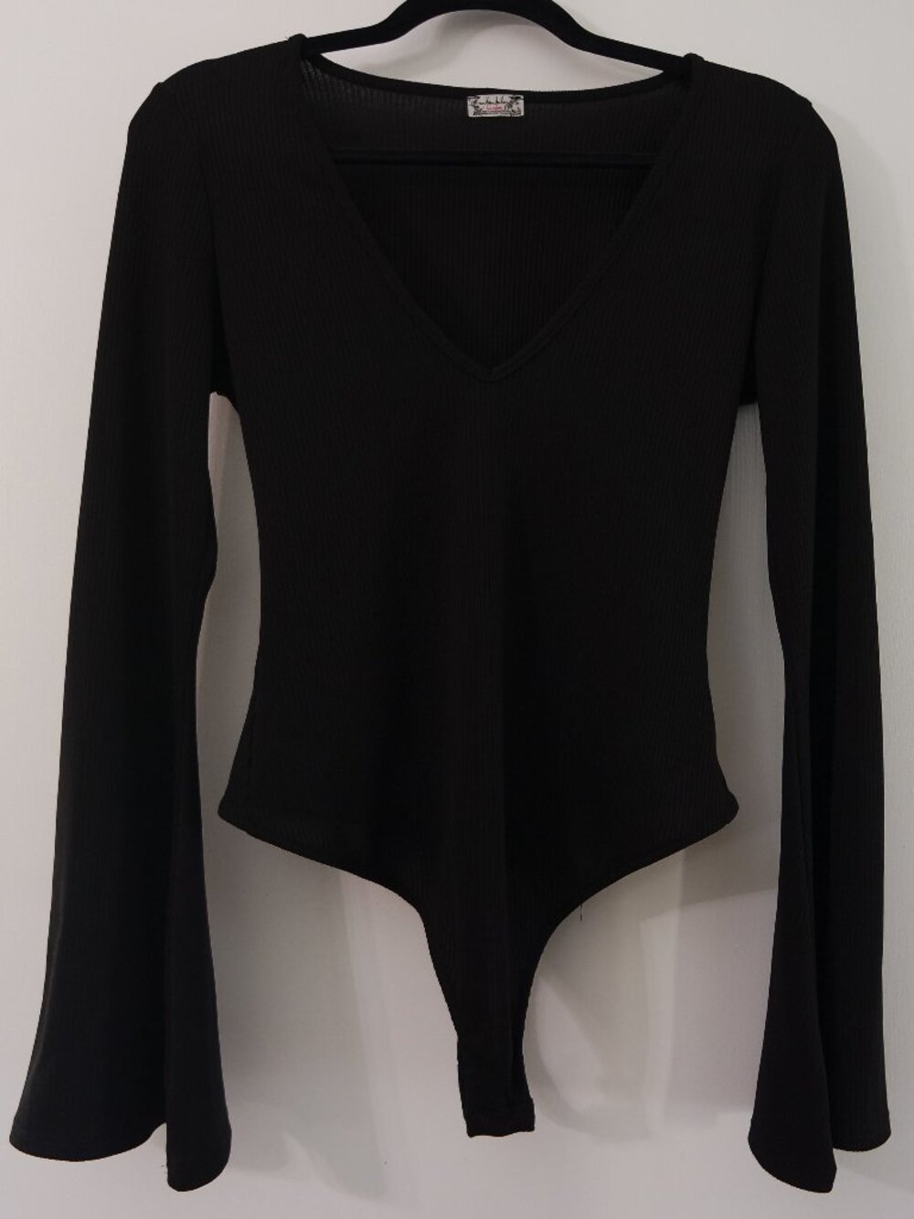 Intimately Free People Charli Bodysuit Black V Neck Long Bell Sleeves Ribbed